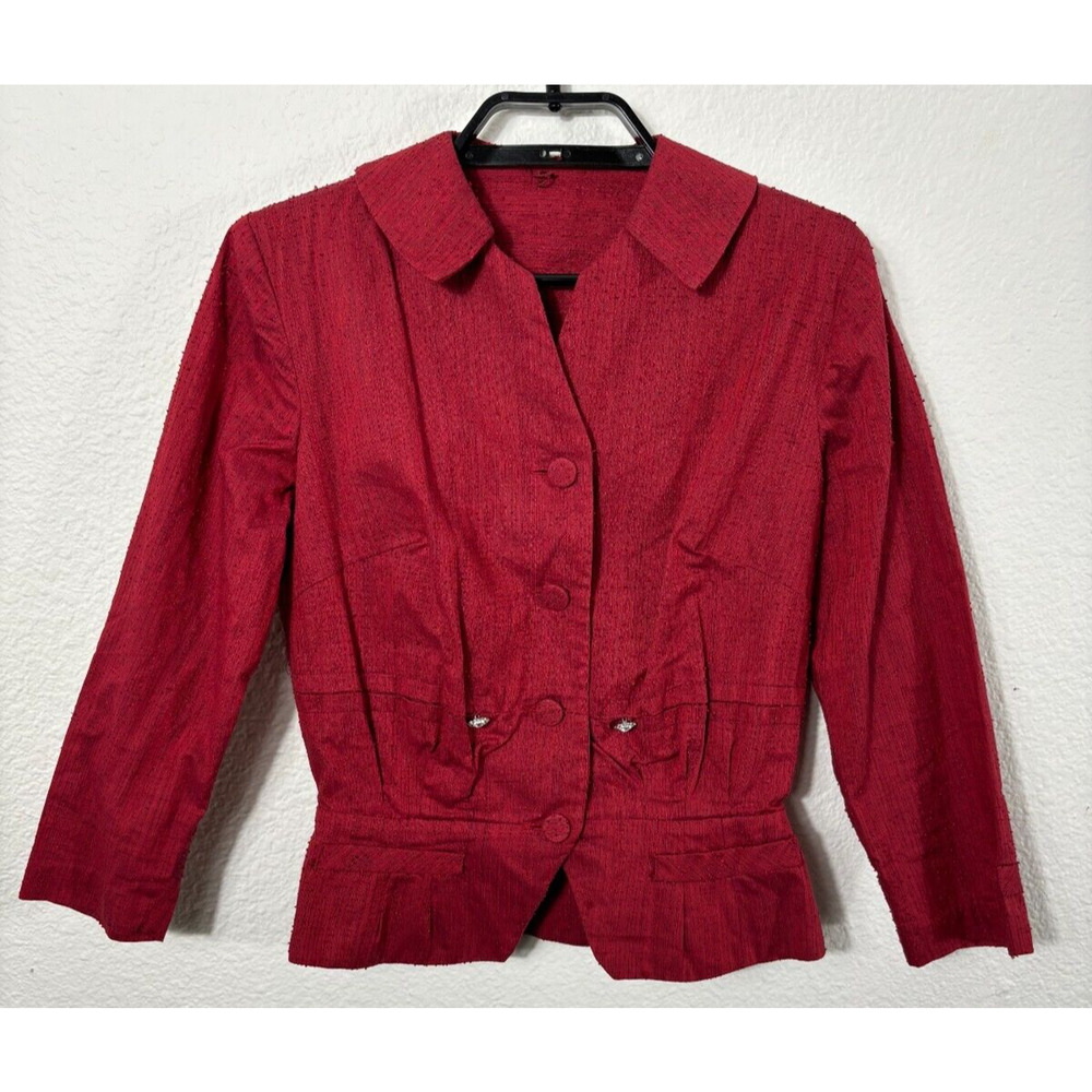 Vintage 1940s Top Womens Small Maroon Button Up Shantung Silk 3/4 Sleeve